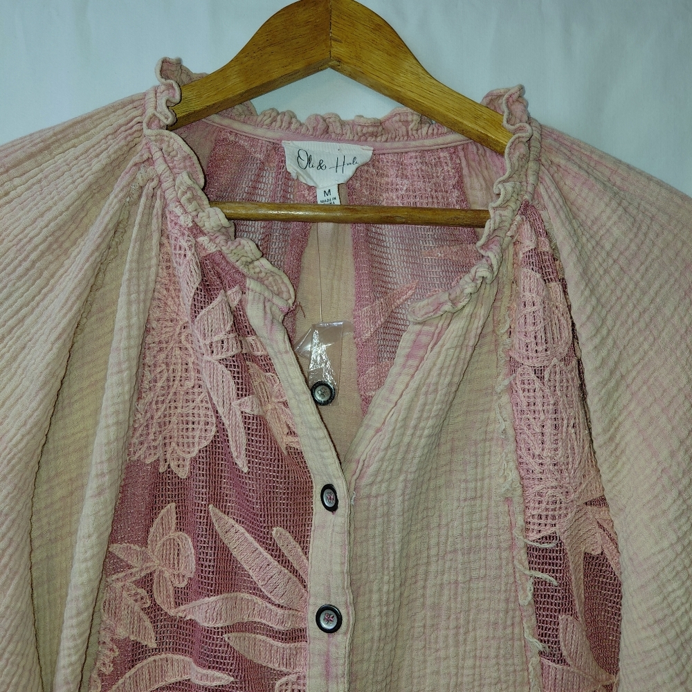 Oli & Hali Shirt Jacket Lacy Gauze Women's Size Med Oversized Pink Sheer - Picture 7 of 8